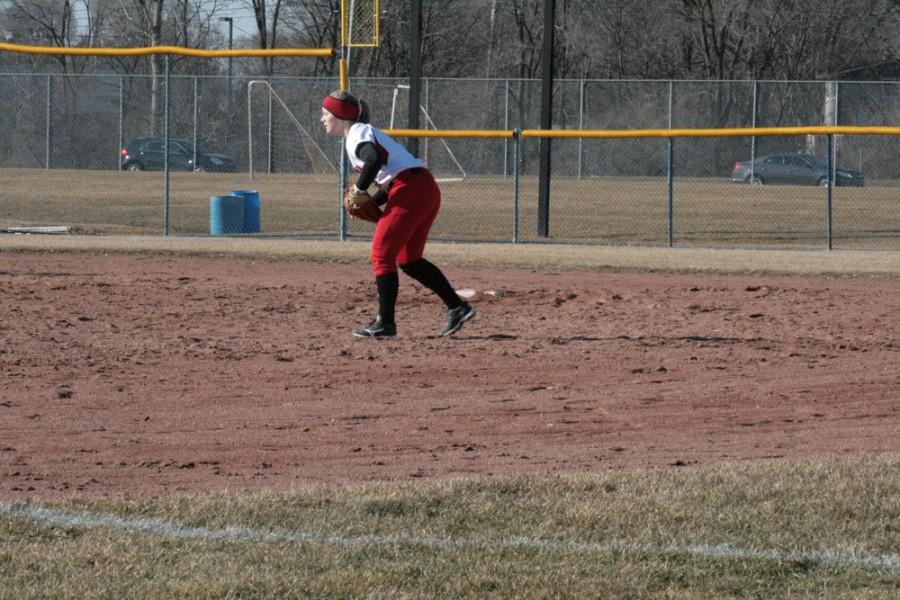 2nd Basemen Kristin Nadius (#4) of Chippewa Valley sits in her defensive stance.