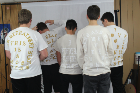 Anthony Zunno, Steven Kaczmarski, Marco Palimino, Justin Fasset, and Kyle Montgomery Showing off the back print of their Saint Pablo shirts by Kanye West